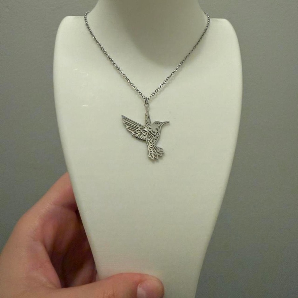 Silver Tone Hummingbird Pendant Necklace Cutout Bird Nature Boho Minimalist